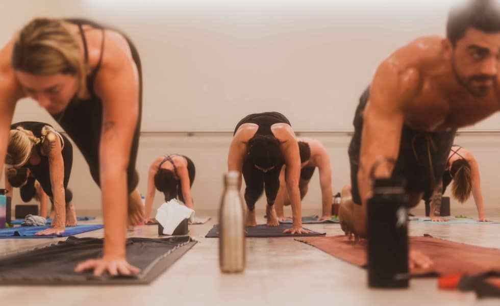 yoga students holding a yoga stance on yoga mats